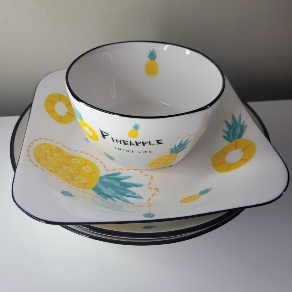 Pineapple Enjoy Life Plate Bowl Dish Set 4 Piece Raise Side Yellow Ceramic Fruit - Picture 3 of 7